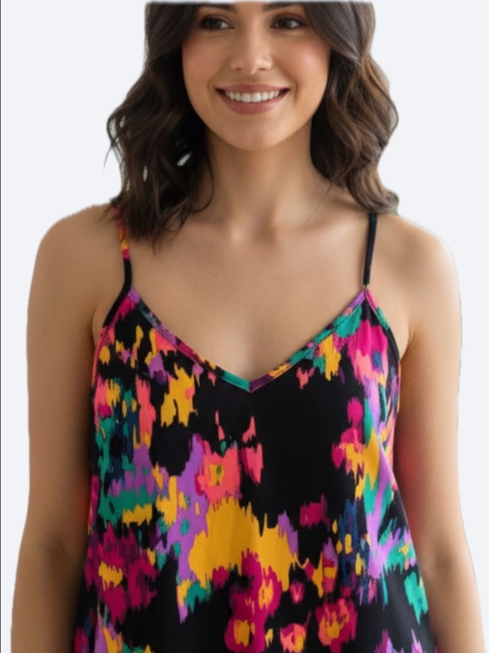 SHEIN Black Abstract Print V Neck Camisole Adjustable Strap Tank Top Large L